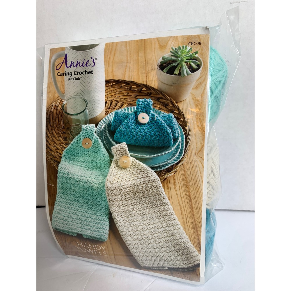 Annies Caring Crochet Kit Club Handy Towels 100% Cotton Yarn Teal Mint Cream